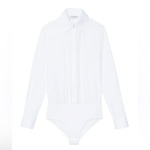 Lafayette 148 New York Cotton Pointed Collar Button Down Bodysuit White Shirt